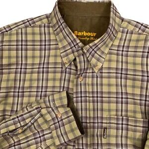 Barbour Country Shirt Mens Large Olive Plaid Corduroy Flannel Rustic Casual L/S